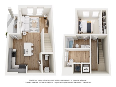 Floor plan for 1 bed, 1.5 baths, 847 sqft